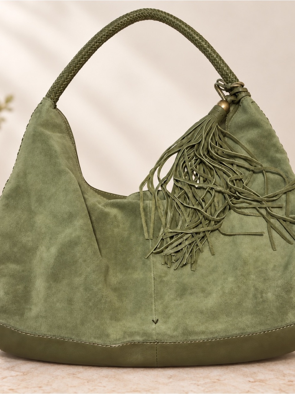 Vilencia Olive Green Suede Fringe Hobo Shoulder Bag- NWT